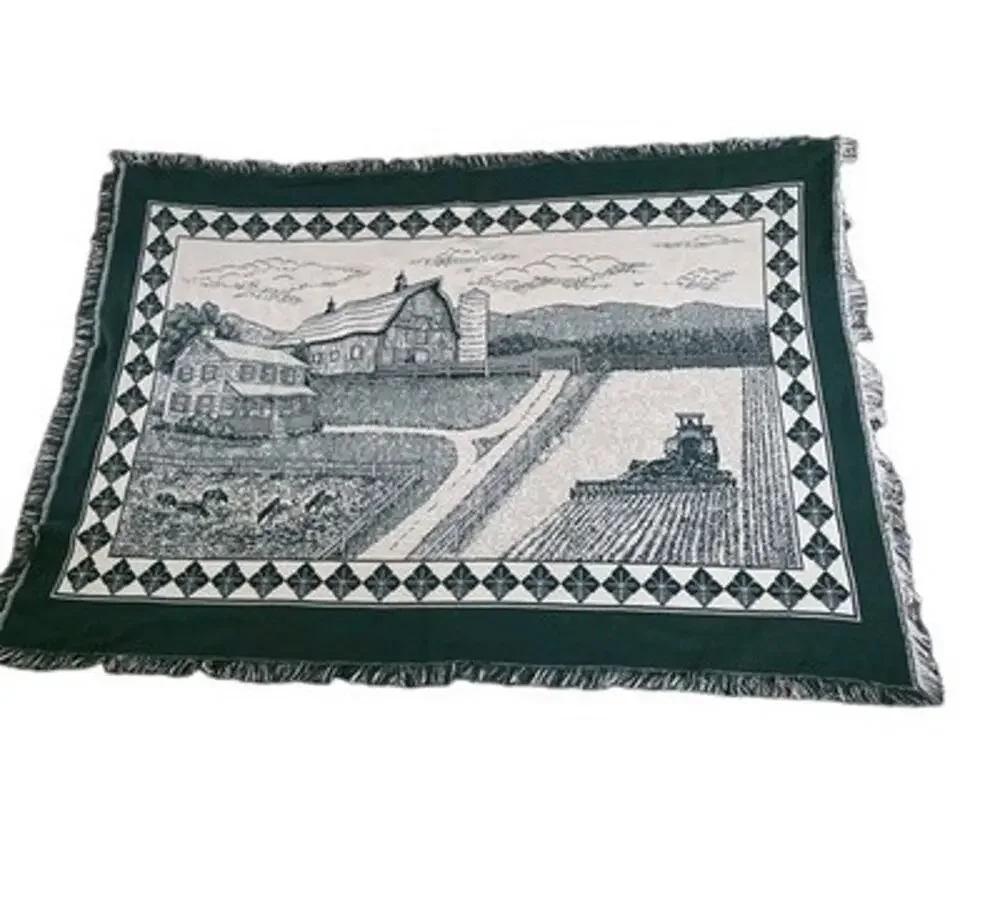 Vintage Pure Country Weavers Woven Cotton Blanket Tapestry Farm Scene Cows Green